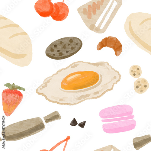 Hand-drawn Watercolor Bakery Objects Seamless Pattern Background