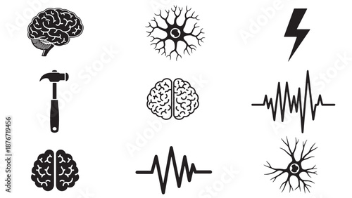 Neurology and mental health cognitive function icon set featuring brain neurons and ecg lines for psychology therapy and medical healthcare research branding resources.