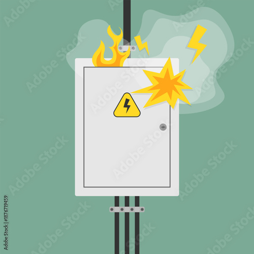 Electrical panel fire and explosion. Industrial short circuit and safety danger vector illustration for workplace safety training materials, fire prevention campaigns, emergency preparedness guides