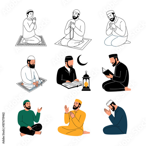 Muslim Prayer and Worship: Depicting various moments of Muslim prayer and worship, this image captures the spiritual devotion of individuals engaged in prayer.