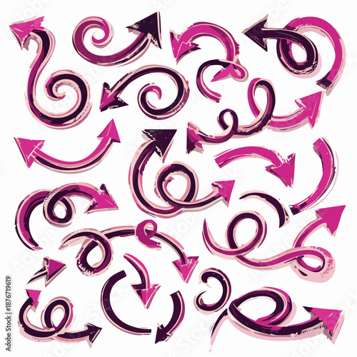 Dynamic collection of hand-drawn grunge arrows, showcasing diverse directions and artistic flow with textured, curvilinear designs, ideal for creative projects and digital design