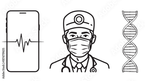 Telemedicine digital healthcare platform icons featuring smartphone doctor consultation and DNA research for modern medical technology business branding identity assets.
