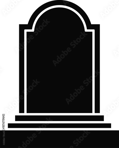 Black headstone silhouette icon, cemetery gravestone vector, memorial tombstone symbol, funeral monument, spooky Halloween element, burial ground stone, and death.