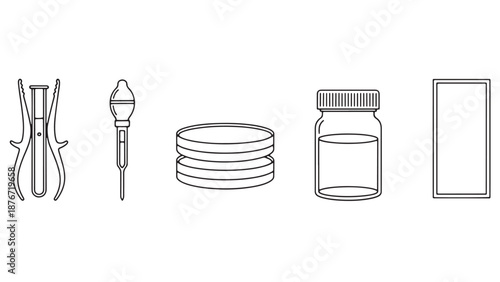 Professional laboratory microbiology equipment set featuring petri dishes pipette and pharmaceutical vials for medical research and biotech industry branding resources.