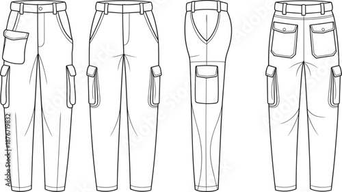Slim cargo pants technical drawing with front, back and side views, pocket details, CAD flat vector illustration, modern utility apparel design schematic
