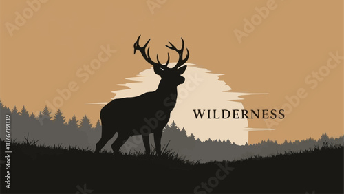 Majestic Stag Silhouette in a Serene Wilderness Landscape at Sunset.