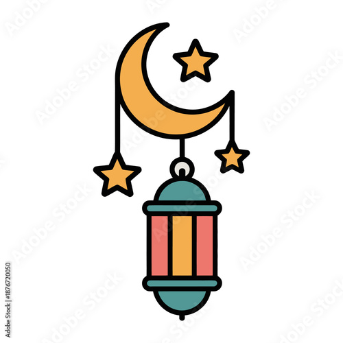 Ramadan Lantern Icon: A vibrant illustration features a golden crescent moon, and stars delicately suspend above a festive lantern, representing the spirit of Ramadan.