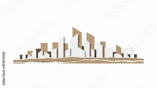 Minimalist city skyline illustration, diverse architectural forms with varying heights, clean lines. Stylized urban panorama shows modern buildings, neutral tones, contemporary metropolitan scene.