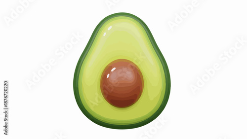 Fresh green avocado half with central brown pit on clean white background. Healthy avocado fruit provides essential nutrients and beneficial fats for balanced diet.