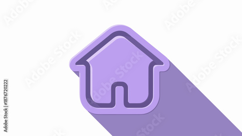 Purple home icon with long shadow on white background, representing digital interface element. Clean home icon design for web navigation, application development, and user interface graphics.