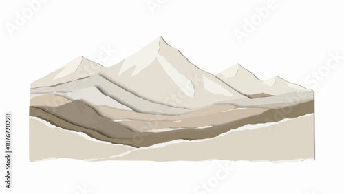 Stylized desert mountains illustration features layered peaks, arid terrain, subtle shadows. Graphic desert mountains design with earth tones, abstract shapes creates sense of natural vastness.