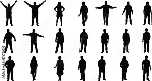 Large collection of diverse people silhouettes set with men and women in various standing poses and expressive gestures for community and social design projects