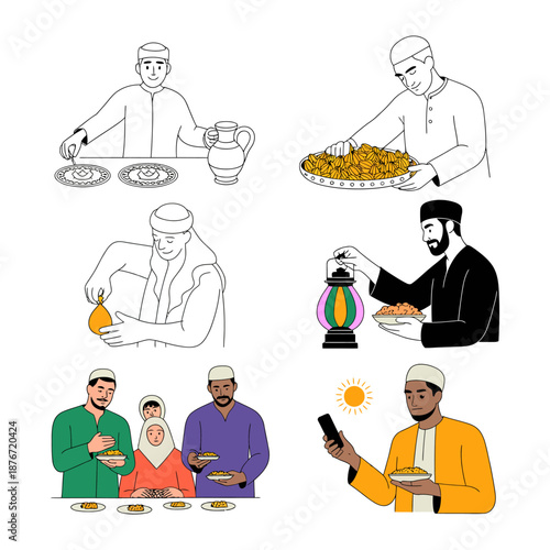 Ramadan Moments: Illustrative depiction of scenes in Ramadan, depicting acts of kindness and togetherness