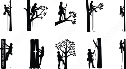 Professional arborist tree surgeon silhouette collection featuring climbing equipment, safety gear, chainsaws, and pruning tools for residential landscaping and expert forest maintenance services