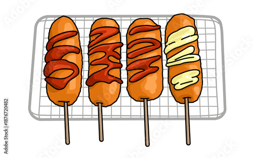 Delicious Corn dogs on a wire rack with sauce and mustard. Street food