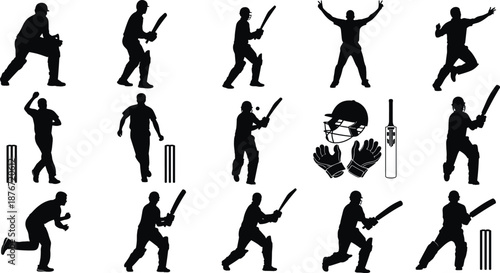 Large collection of black cricket player silhouettes and sports equipment icons set including batsmen bowlers wicketkeeper helmet gloves and bat for team competition branding