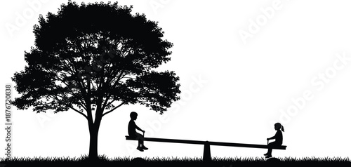 Silhouette, children, seesaw, playground, tree, grass, balance, fun, outdoor, park, childhood, activity, motion, nature, shade, black, white, illustration, kids, physics, leverage, equilibrium