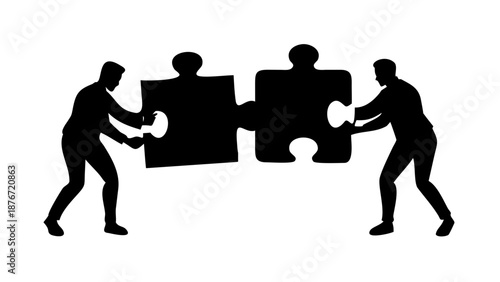 A silhouette of two professionals fitting two large puzzle pieces together.