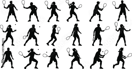 Large collection of black silhouettes featuring male and female tennis players in active poses serving hitting and running for sports branding and competition concepts