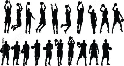 Large collection of black silhouettes featuring various basketball players in action poses jumping shooting and dribbling for sports competition team branding and athletic recreation