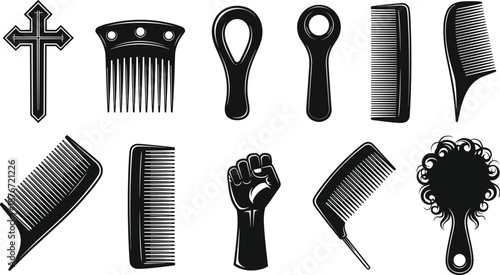 Large collection of black silhouettes featuring various hair combs brushes pick tools and barber shop accessories set for hair care styling and grooming salon design