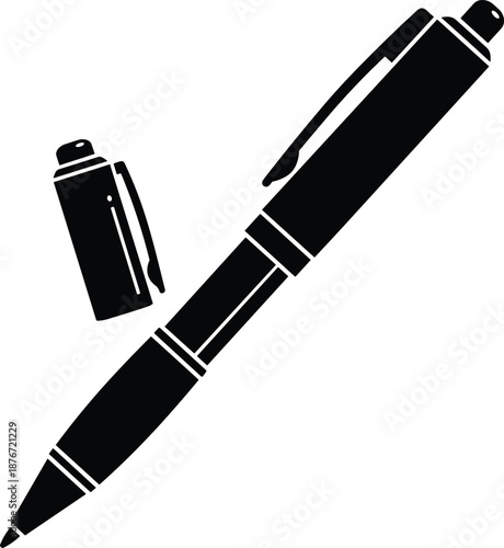 Black pen icon silhouette with cap, professional ballpoint writing instrument, office supplies vector illustration, isolated on white background for business documentation.