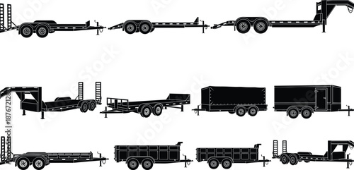 Large collection of black silhouettes featuring various industrial utility trailers and transport equipment set for automotive logistics hauling and heavy machinery delivery services