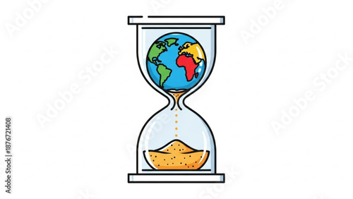 An hourglass with the Earth inside, symbolizing the passage of time, viewed from the side in a simple illustration style