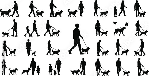 Large collection of black silhouettes featuring various people walking dogs of different breeds on leashes for pet care outdoor activity and animal friendship concepts