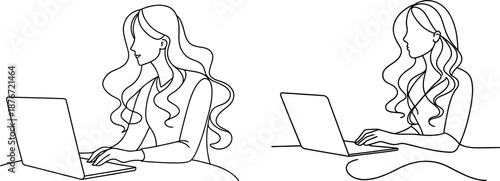 Elegant Line Art Illustration Depicting Professional Women Diligently Working on Laptops, Emphasizing Focus, Productivity, and Modern Office Engagement