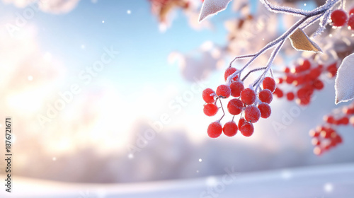 Frost-covered red berries against a snowy background.