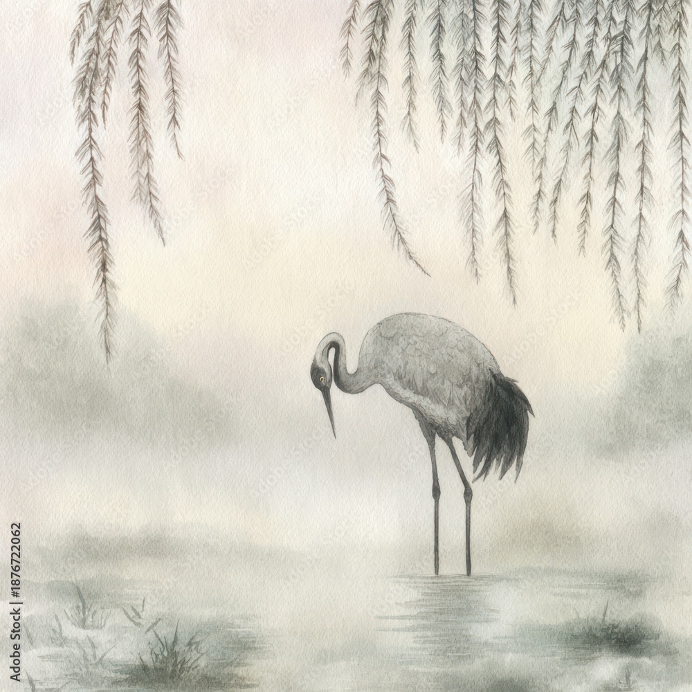 Fototapeta premium A serene watercolor depicting a crane wading in a misty pond beneath weeping willow branches
