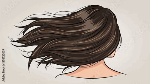 Womans long dark hair blowing in the wind.