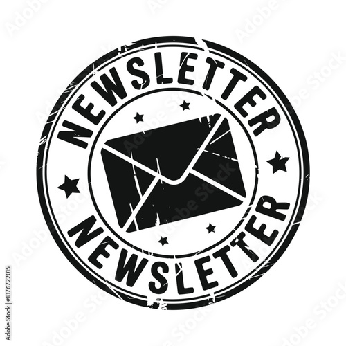 A circular stamp design featuring the word newsletter and an envelope icon