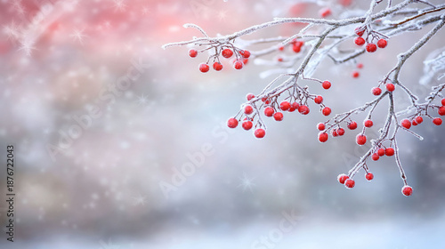 Frosty branches with red berries against a snowy background.