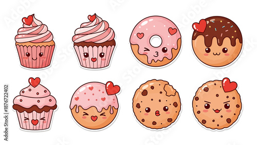 Assorted sweet treats including cupcakes, donuts, and cookies with hearts and decorative frosting are displayed in a grid on a white background.