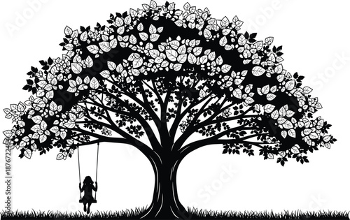 Silhouette, child, swing, tree, grass, nature, outdoor, peaceful, childhood, moment, black, white, illustration, calm, leisure, park, canopy, sitting, nostalgic, scene, tranquil, innocence