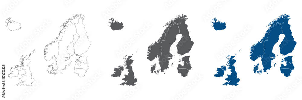 Obraz premium Northern Europe Line Map Set with White Blue and Grey Color Variations. Northern Europe country plain map.
