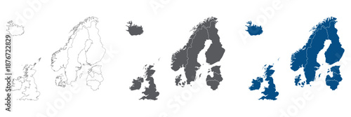 Northern Europe Line Map Set with White Blue and Grey Color Variations. Northern Europe country plain map.