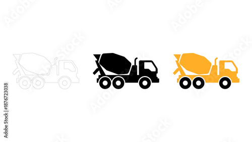 Cement truck, concrete mixer, construction vehicle icon set building equipment & industrial transportation