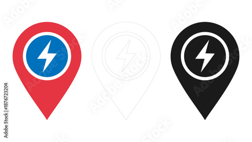 Electric vehicle charging location icon set map pin symbol for power stations, ev charge points
