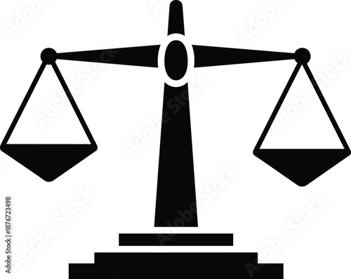 Black scales of justice silhouette icon, law and equity symbol, legal system balance vector illustration, isolated on white background for courts.