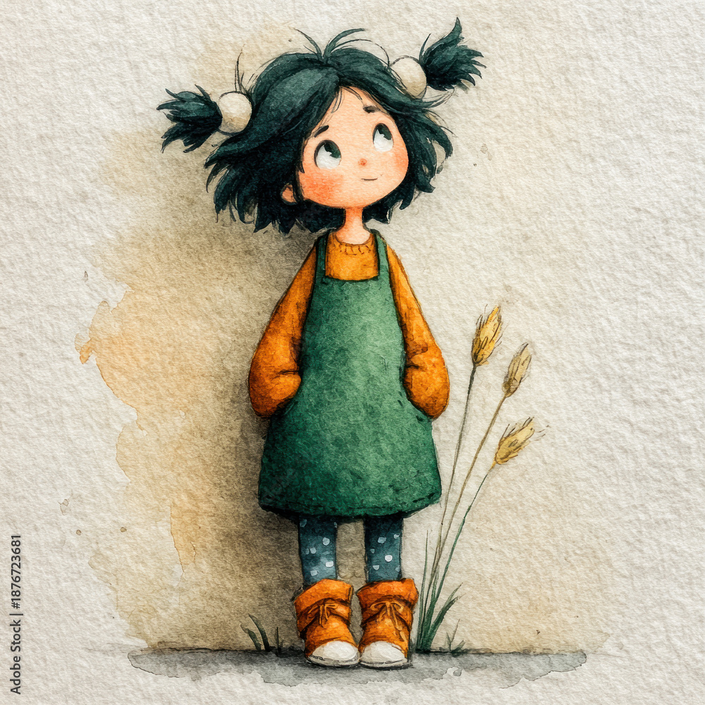 Obraz premium A delicate watercolor illustration of a little girl with tousled dark hair pulled back into two ponytails. 