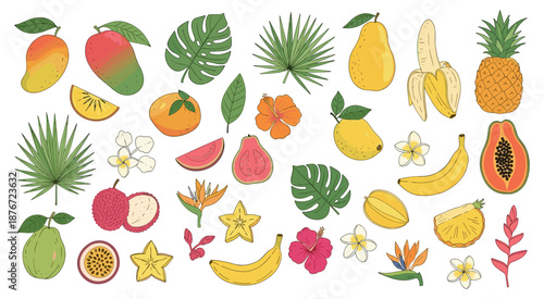 Vibrant hand drawn tropical fruits and exotic green leaves are beautifully arranged creating a colorful collection of delicious healthy food and lush foliage elements on a white background.