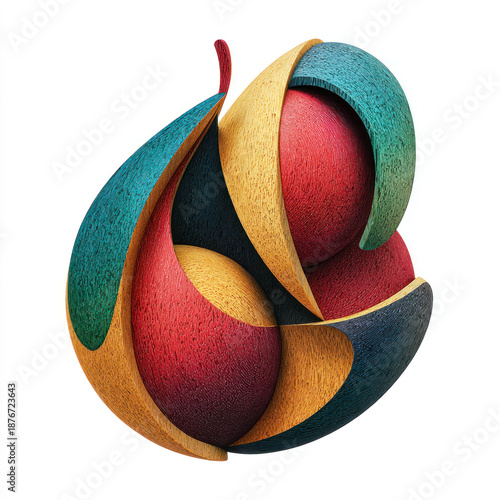 An abstract volumetric composition reminiscent of a stylized fruit or seed, made of textured forms with a painted wood effect. 