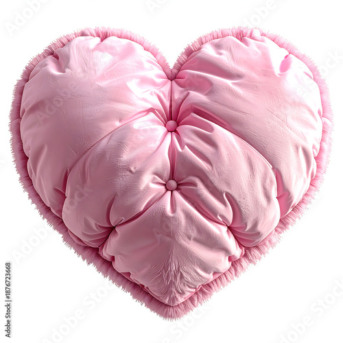 Pink heart shaped plush pillow with tufted buttons and fluffy trim evoking cozy comfort and playful romance