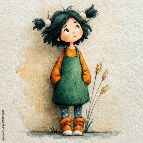 A delicate watercolor illustration of a little girl with tousled dark hair pulled back into two ponytails.  