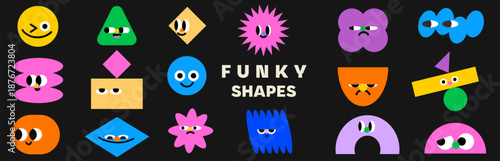 Abstract geometric character cheerful face shapes. Doodle Cute design emotion elements in cute style with mouth, eyes, different mood vector elements collection.