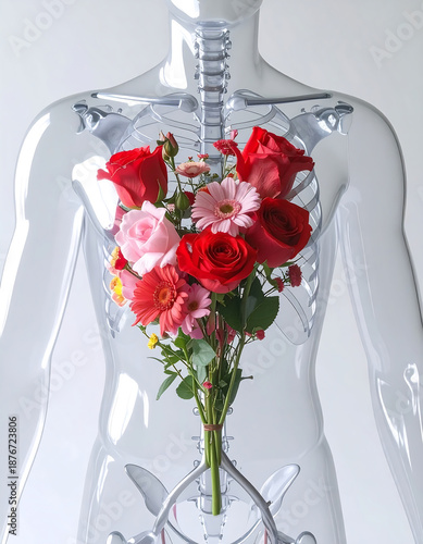 Transparent torso with rib cage holding bouquet of red and pink roses and gerbera conveying tender self love and valentine emotion