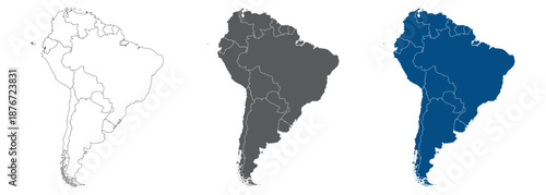 South America Line Map Set with White Blue and Grey Color Variations. Map of South America in plian set.